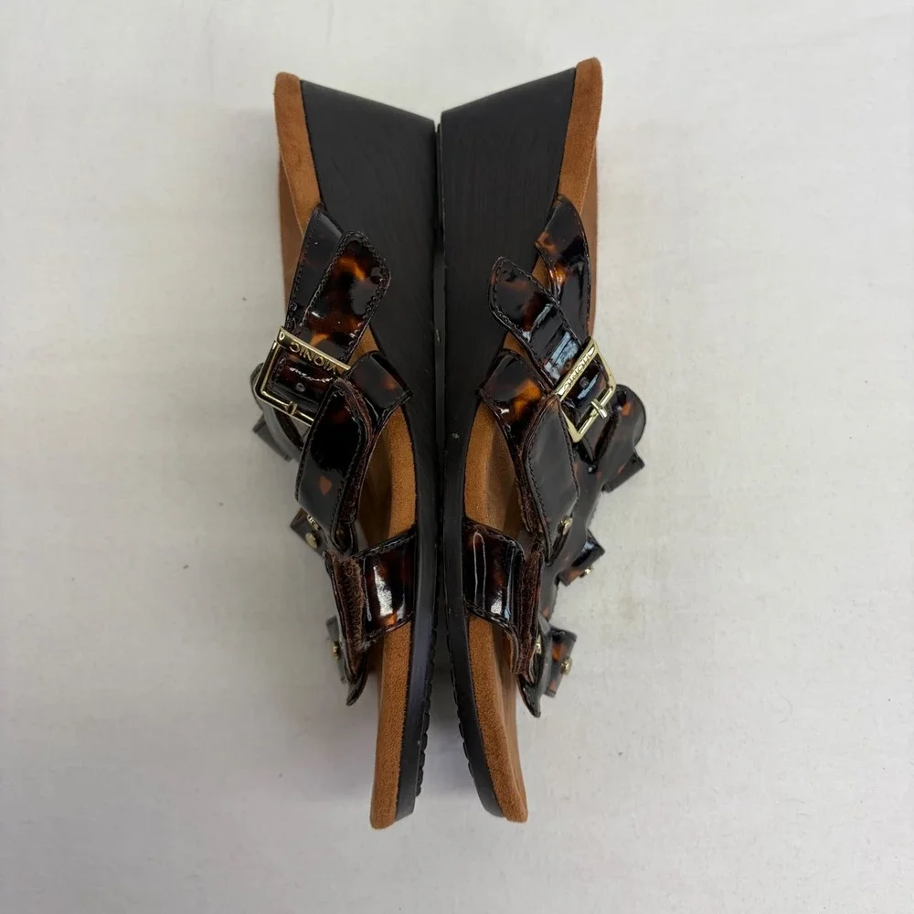 Vionic Radia Wedge Sandals Women 7 Tortoise Shell Patent Strappy Orthopedic